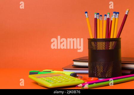 School supplies or stationery with copy space background, Back to school education concept Stock Photo