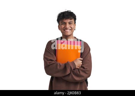 Young peruvian student smiling and holding folders and backpack, isolated. Stock Photo