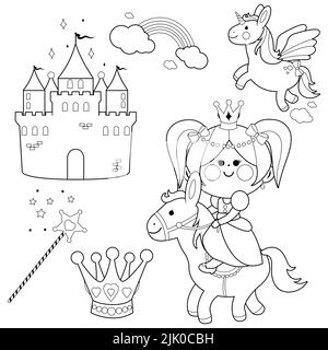 Pretty fairy princess riding a horse, a castle and a unicorn. Black and white coloring page Stock Photo