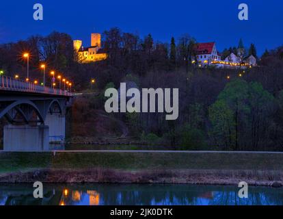 View of Grünwald with Grünwald Castle and Grünwald Bridge at night, Isar Valley, Grünwald, district of Munich, Upper Bavaria, Bavaria, Germany, Europe Stock Photo