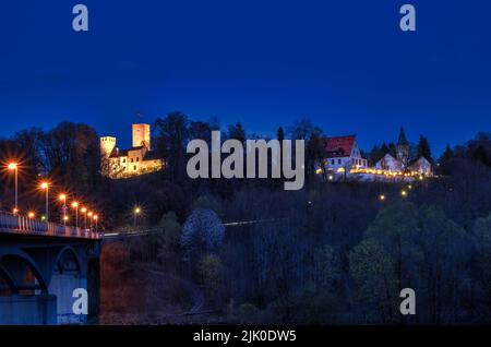View of Grünwald with Grünwald Castle and Grünwald Bridge at night, Isar Valley, Grünwald, district of Munich, Upper Bavaria, Bavaria, Germany, Europe Stock Photo
