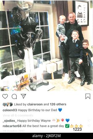 Undated handout screen grab issued by Kingsley Napley of a post on Coleen Rooney's private instagram account celebrating Wayne Rooney's birthday in 2017. Rebekah Vardy and Coleen Rooney are due to find out who has won their High Court libel battle in the 'Wagatha Christie' case. In a viral social media post in October 2019, Mrs Rooney, 36, said she had carried out a 'sting operation' and accused Mrs Vardy, 40, of leaking 'false stories' about her private life to the press. Issue date: Friday July 29, 2022. Stock Photo