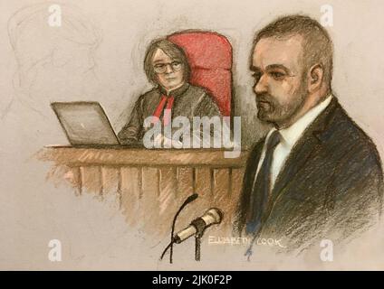 File photo dated 17/5/2022 of court artist sketch by Elizabeth Cook of Wayne Rooney giving evidence at the Royal Courts Of Justice, London. Rebekah Vardy and Coleen Rooney are due to find out who has won their High Court libel battle in the 'Wagatha Christie' case. In a viral social media post in October 2019, Mrs Rooney, 36, said she had carried out a 'sting operation' and accused Mrs Vardy, 40, of leaking 'false stories' about her private life to the press. Issue date: Friday July 29, 2022. Stock Photo