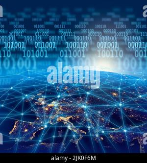 Global digital network binary data flow in dark background, abstract technology concept. Some elements of the image furnished by NASA. Stock Photo