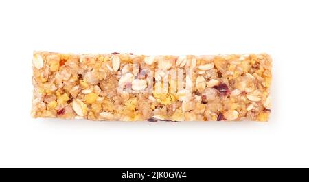 Sweet muesli bar with honey, berry and nuts isolated on white, top view Stock Photo