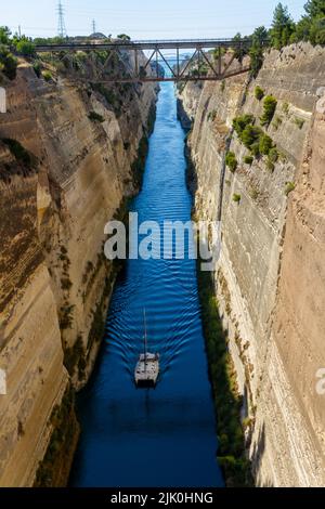 Corinth, Greece, July 16, 2022. The Corinth Canal is an artificial waterway carved through the Isthmus of Corinth, Greece Stock Photo