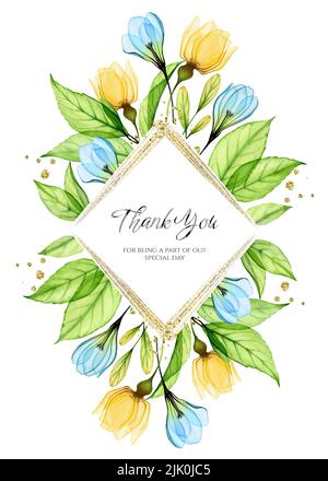 Watercolor card template. Thank you text in rhomb frame with golden glitter. Floral composition with yellow and blue roses. Abstract banner with Stock Photo