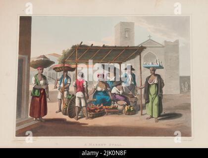 A market stall in Brazil drawing by Sir Henry Chamberlain, 2nd Baronet engraver: John Heaviside Clark. John Heaviside Clark (c.1771–1863) was a Scottish aquatint engraver and painter of seascapes and landscapes. He was also known as Waterloo Clark, because of the sketches he made on the field directly after the Battle of Waterloo. Clark exhibited regularly at the Royal Academy between 1801 and 1832. He was the author of A practical essay on the art of Colouring and Painting Landscapes, with illustrations, published in 1807, and A practical Illustration of Gilpin's Day, with thirty colour plate Stock Photo