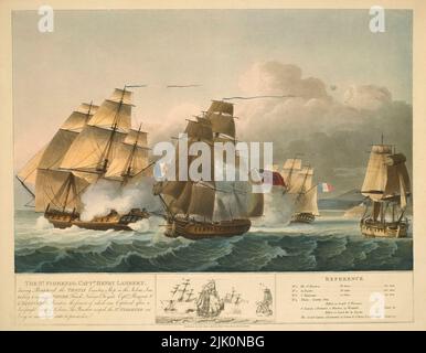 A view of the St Fiorenzo, Captain Henry Lambert (d.1813), surrounded by three French ships, and preparing to attack the Psyché off Vizagapatam on 13 February 1805. Napoleonic Wars (1803-15). Stock Photo