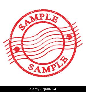 SAMPLE, text written on red grungy postal stamp. Stock Photo