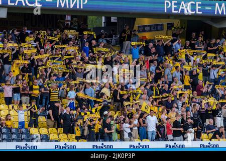 Bern, Switzerland. 28th July, 2022. Football fans of Young Boys seen on the stands during the UEFA Europa Conference League qualification match between Young Boys and Liepaja at Stade de Suisse Wankdorf in Bern. (Photo Credit: Gonzales Photo/Alamy Live News Stock Photo