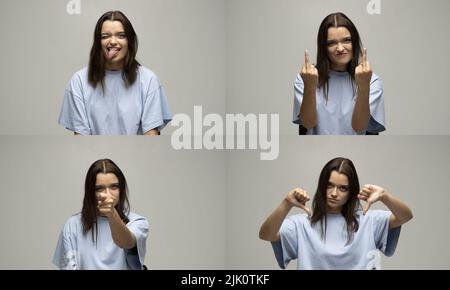 Set of different emotions. Collage with four different emotions in one young brunette woman in blue t-shirt on white background. Stock Photo