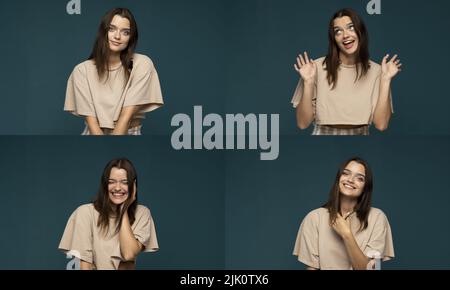 Set of young girl posing with many different facial expressions on blue background. Collage with emotions. Stock Photo
