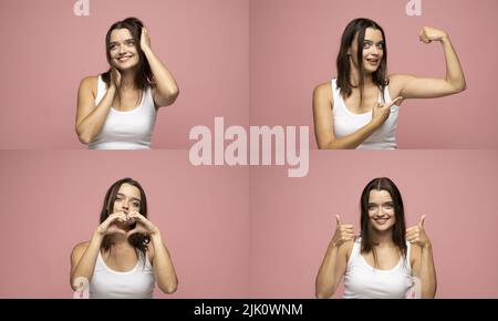 Set of young girl posing with many different facial expressions on pink background. Collage with emotions. Stock Photo