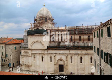 SIBENIK, CROATIA - SEPTEMBER 9, 2016: This is a view of the Cathedral of St. James from the height of upland streets of the old city. Stock Photo