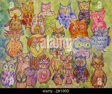 All different whimsical owls. The dabbing technique near the edges gives a soft focus effect due to the altered surface roughness of the paper. Stock Photo