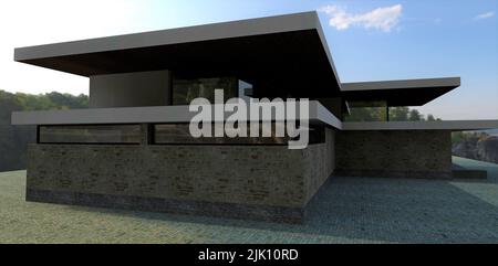 Luxurious house in the park. Terrace along the entire perimeter. Wall decoration is old red slate. 3d render. Stock Photo