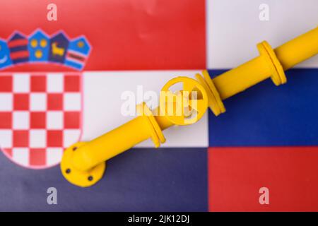 The illustration shows a valve connected to the Croatian and Russian flags on July 28, 2022. Due to the Russian-Ukrainian conflict, Croatia is also in a panic about the heating season and the need for Russian gas.  Photo: Davor Puklavec/PIXSELL Stock Photo