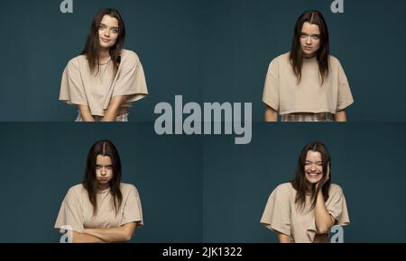 Set of different emotions. Collage with four different emotions in one young brunette woman in beige t-shirt on blue background. Stock Photo