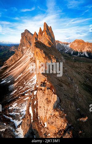 Aerial view of Odle group, Seceda, Furchetta and Sass Rigais at sunset, Dolomites, South Tyrol, Italy, Europe Stock Photo