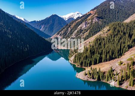 Aerial of the Lower Kolsai Lake, Kolsay Lakes National Park, Tian Shan mountains, Kazakhstan, Central Asia, Asia Stock Photo