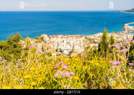 Elevated view over Zante Town, Zakynthos island, Greek Islands, Greece, Europe Stock Photo