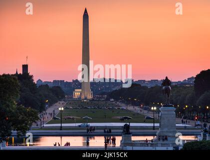 The Washington Monument and National Mall at sunset from Capitol Hill, Washington DC, United States of America, North America