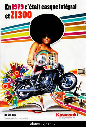 Kawasaki motorcycle advertising poster - En 1979 c'etait casque integral et Z1300 / 30 ans deja Stock Photo