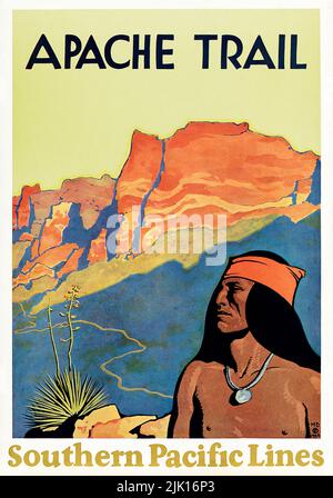 Vintage 1920s Rail Poster - APACHE TRAIL / SOUTHERN PACIFIC LINES. 1928. Stock Photo