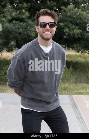 READING, BERKSHIRE, UK. 25 July 2022: Joel Dommet backstage at Flackstock Festival in Reading, Berkshire, England. Credit: S.A.M./Alamy Live News Stock Photo