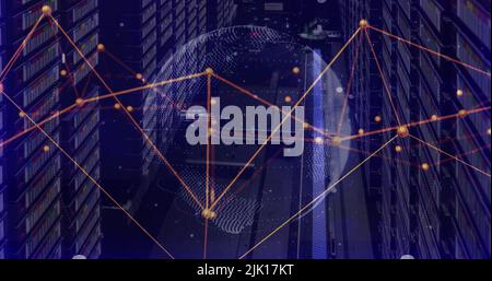 Image of data processing and globe over server room Stock Photo