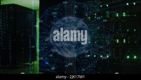 Image of data processing and globe over server room Stock Photo