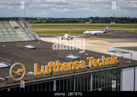 Duesseldorf, North Rhine-Westphalia, Germany - Lufthansa Technik LHT building at Duesseldorf Airport, MRO services, Maintenance, Repair and Overhaul, Stock Photo