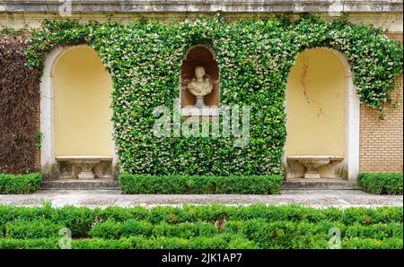 Statues and seats in the ivy garden of the royal palace of Aranjuez. Madrid. Stock Photo