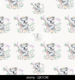 Cute baby koala pattern with flowers. Stock Photo