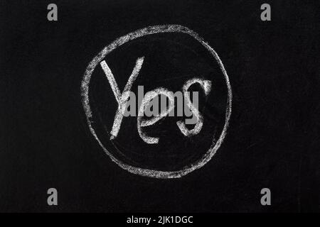 Circled word yes message board school. Decision. Say Yes sign right choice. Correct icon chalk text YES inscription on black chalkboard writing chalk Stock Photo