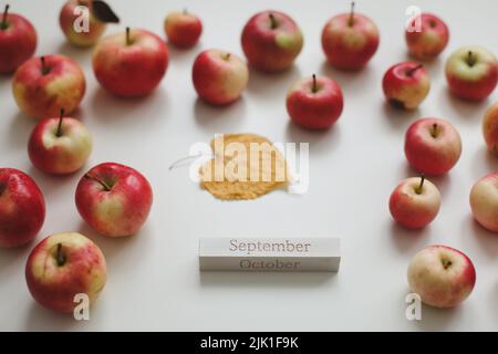 autumn background with fresh ripe red apples isolated on white top view. Hello Autumn concept Stock Photo