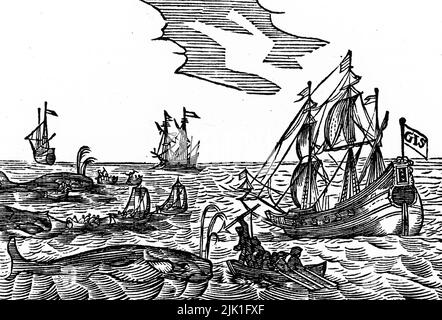 Whaling, 1634. Woodcut from Jacob Segersz van der Brugge's journal. Jacob Segersz van der Brugge published his journal shortly after returning home from whaling in 1634. Stock Photo
