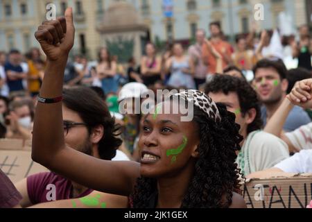 Activist Patience Nabukalu  protest during the Climate Social Camp March on July 29, 2022 in Turin, Italy. Fridays For Future is a global climate strike movement by school students that was mediatised in August 2018 with Swedish pupil Greta Thunberg. Stock Photo