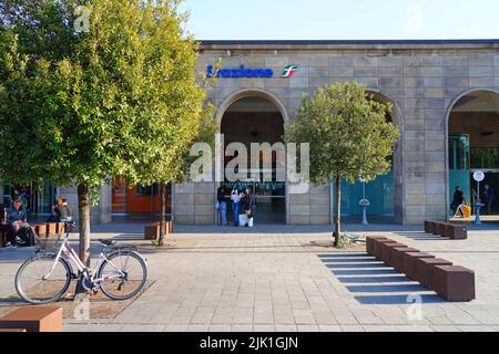 VICENZA, ITALY -14 APR 2022- View of the train station in Vicenza, nicknamed City of Palladio, in Veneto, Italy, a UNESCO world heritage site. Stock Photo