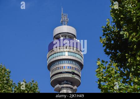 London, UK. 29th July, 2022. General view of the iconic BT Tower in central London. Thousands of BT and Openreach workers have staged walkouts over pay. Credit: SOPA Images Limited/Alamy Live News Stock Photo