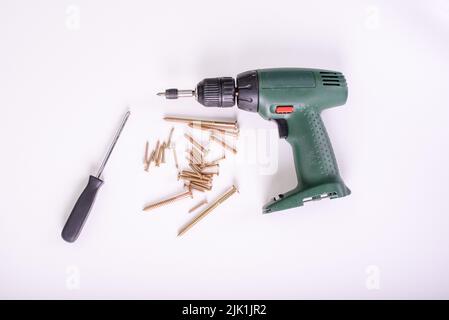Steel wood screws isolated on a white background with space for copy Stock Photo