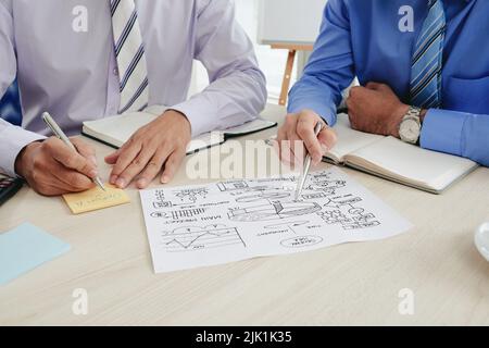Close-up image of colleagues discussing general idea for the start-up Stock Photo