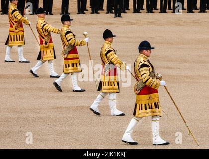 The five Drum Majors of the massed bands in ceremonial state dress, The Colonel's Review,  Trooping the Colour, London, England, UK Stock Photo