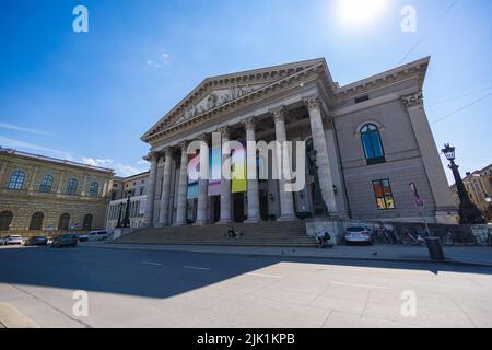 Munich, Germany - July 6, 2022: In the morning at the National Theatre (Nationaltheater) on the Max Joseph square. Historic opera house, home of the B Stock Photo