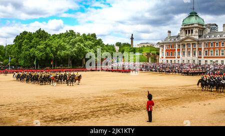 The Colonel's Review, Trooping the Colour, massed bands and soldiers parade on Horse Guards, London, England Stock Photo