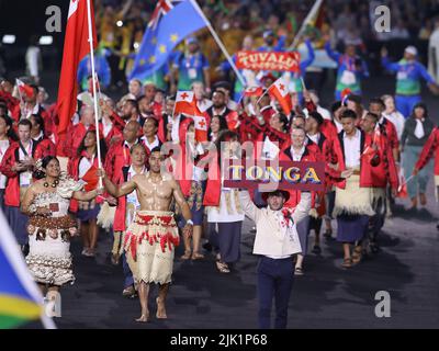 Birmingham,UK. 28th July 2022. The Tonga team arrive into the stadium during the Commonwealth Games opening ceremony  at Alexander Stadium, Birmingham. Credit: Paul Terry Photo/Alamy Live News Stock Photo