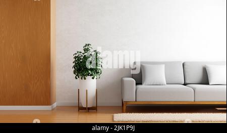 Cozy gray sofa in modern white concrete wall in empty room with plants on wooden planks parquet floor. Architecture and interior concept. 3D illustrat Stock Photo