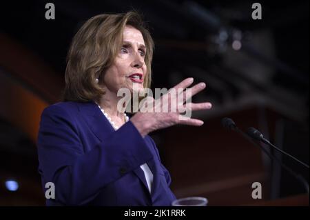 Washington DC, USA. 29th July, 2022. Speaker of the House Nancy Pelosi, D-CA, speaks during her weekly press conference before the August recess at the U.S. Capitol in Washington, DC on Friday, July 29, 2022. Photo by Bonnie Cash/UPI Credit: UPI/Alamy Live News Stock Photo