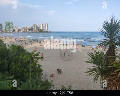 Beach. Aerial views of the beach in Oropesa del Mar, in Castellón. Mediterranean Sea. Beach full of people, bathers and tourists enjoying the hot day Stock Photo